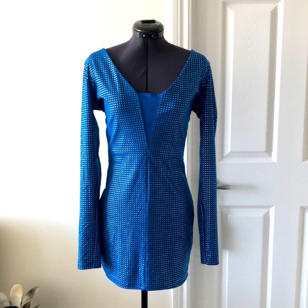 Blue with metallic print long sleeve dress